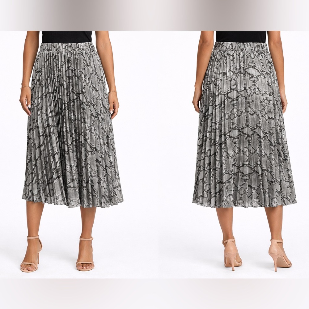 New Look Gray Snake-Print Pleated Midi Skirt